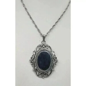 Victorian Revival Hematite Glass Necklace Filigree Whiting & Davis Vintage